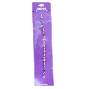 NEW Claire's Pink Beaded Medical Alert Bracelet Fashion Jewelry Silver Hearts